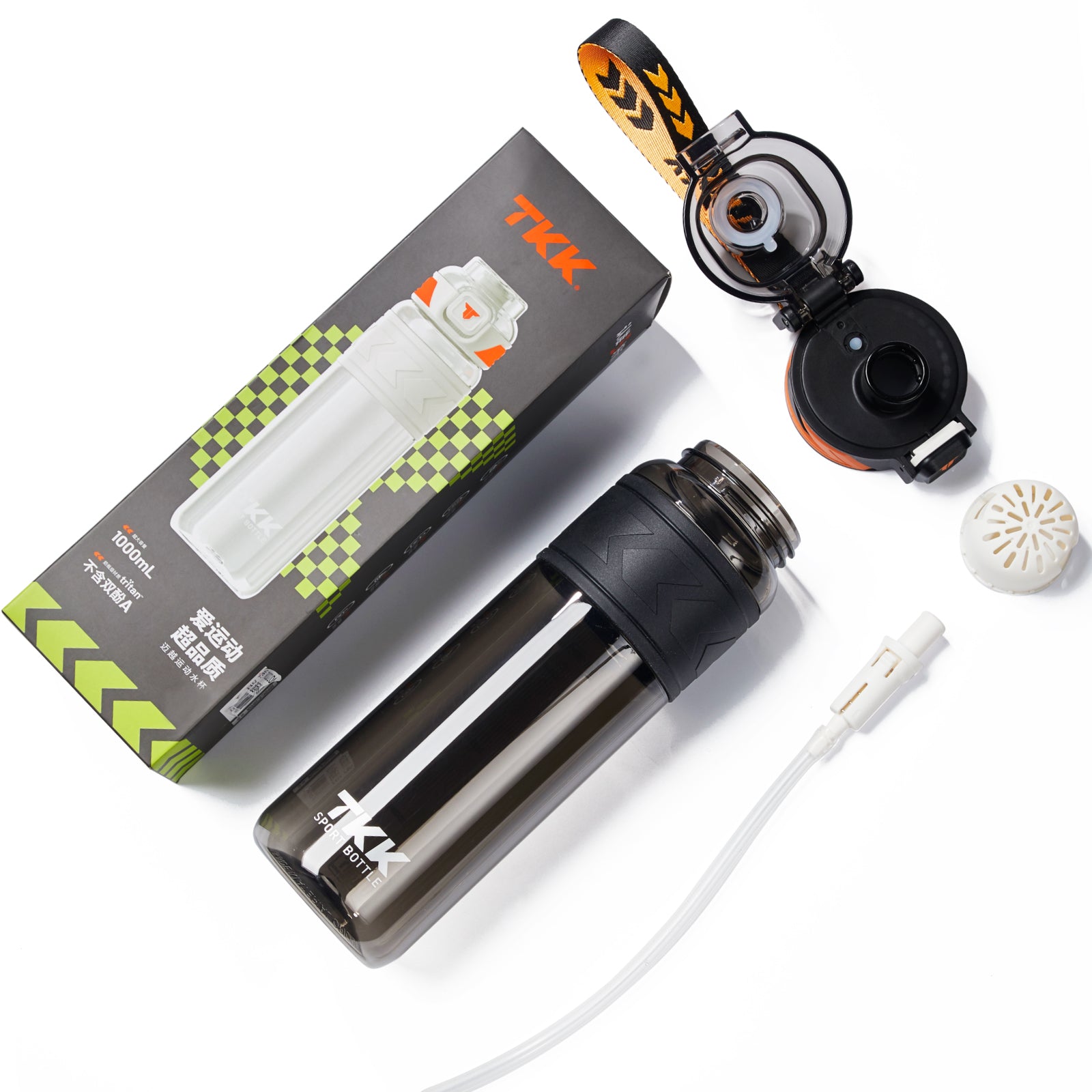 TKK Bouteille de Sport en Tritan 1000ml, paille amovible, couvercle anti-fuite, sans BPA