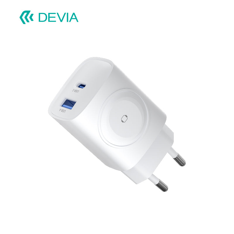 Devia Ultra1 Adaptateur chargeur GaN 22W PD + QC avec chargeur sans fil pour montre 2-en-1, prise EU