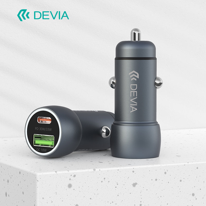 Devia Extreme Speed Series Chargeur voiture rapide PD 30W + QC 3.0 18W, en métal, avec câble Type-C vers Type-C