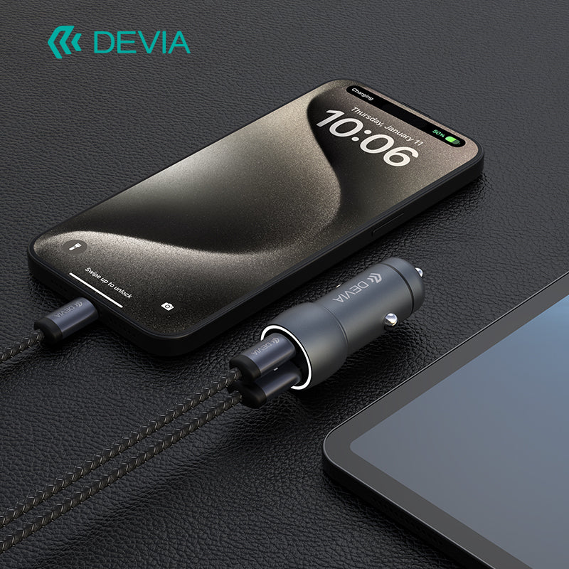 Devia Extreme Speed Series Chargeur voiture rapide PD 30W + QC 3.0 18W, en métal, avec câble Type-C vers Type-C