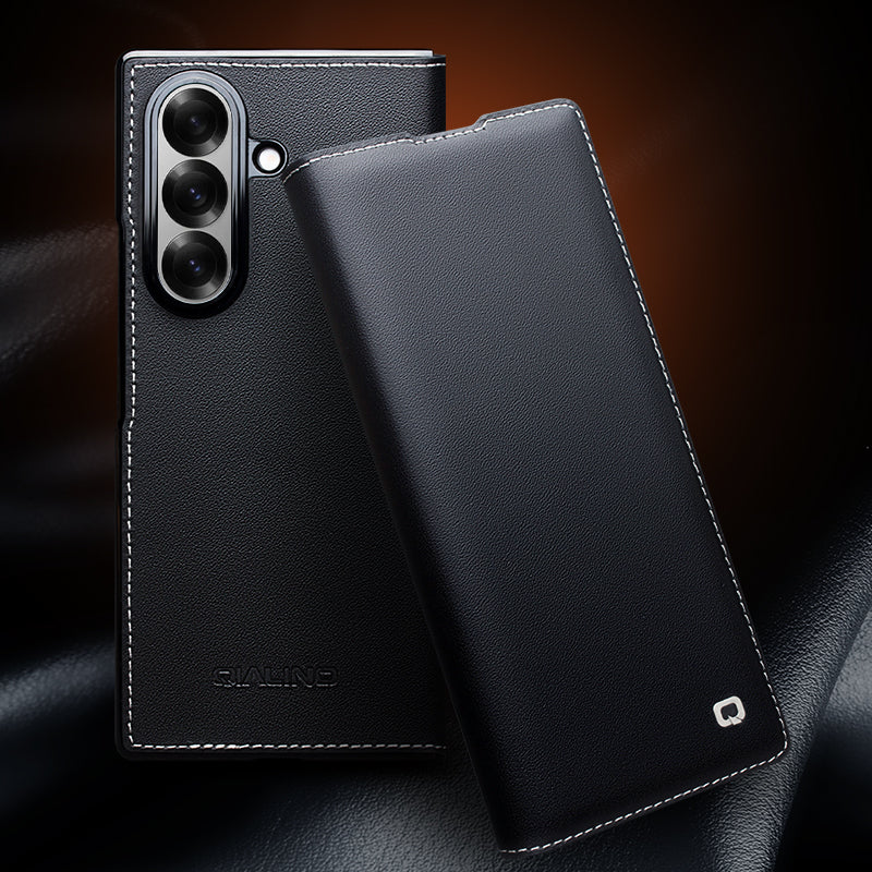 QIALINO Étui Premium Noir, en cuir véritable pleine fleur fait main, pour Samsung Galaxy Z Fold7