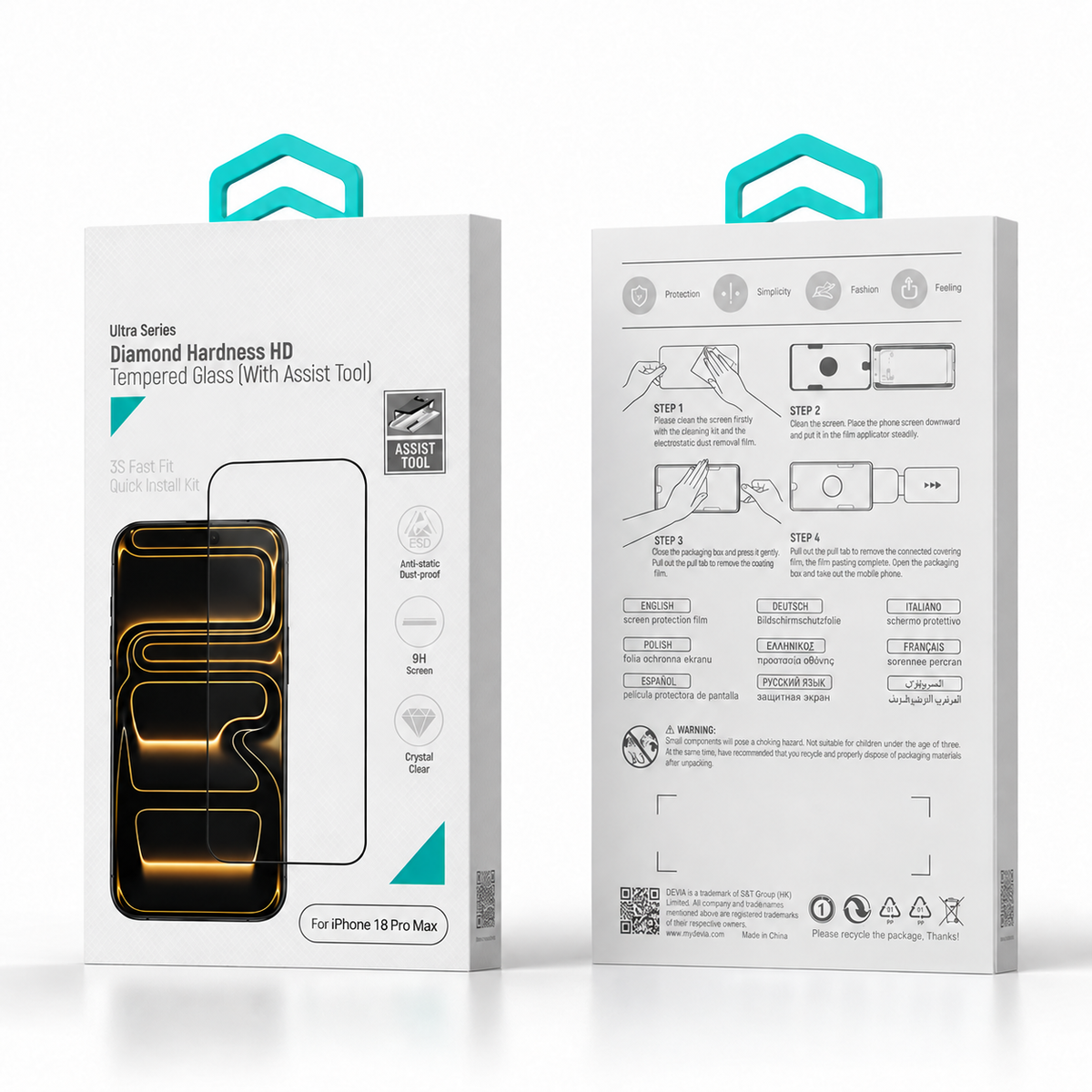 Devia Ultra Series Verre Trempé HD, Dureté Diamant avec outil d’installation pour iPhone 18 Pro Max