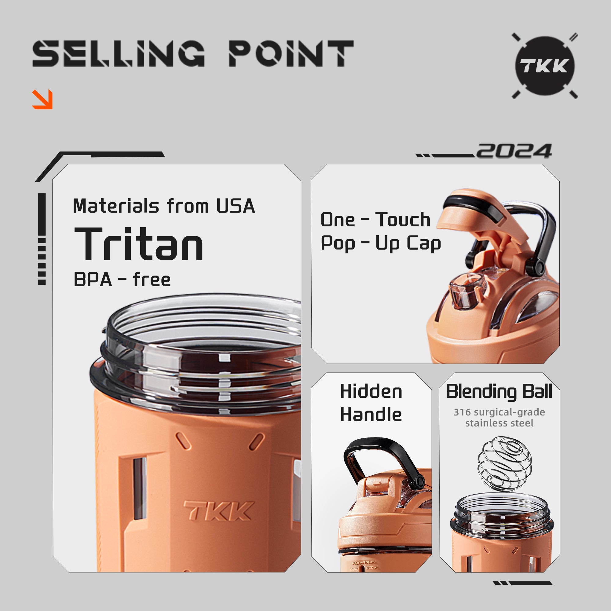 TKK Shaker Protéiné 700ml, en Tritan sans BPA, avec boule mélangeuse
