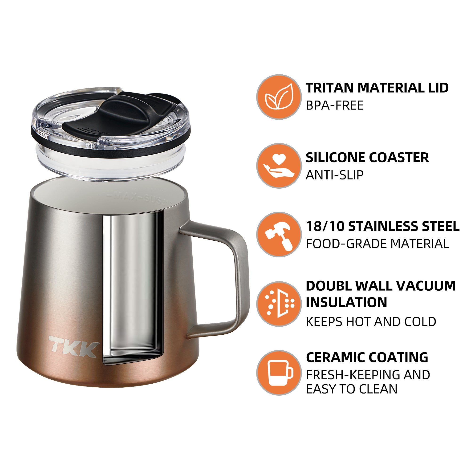 TKK Mug Isotherme Premium 350ml, Revêtement Effet Céramique, Acier Inoxydable