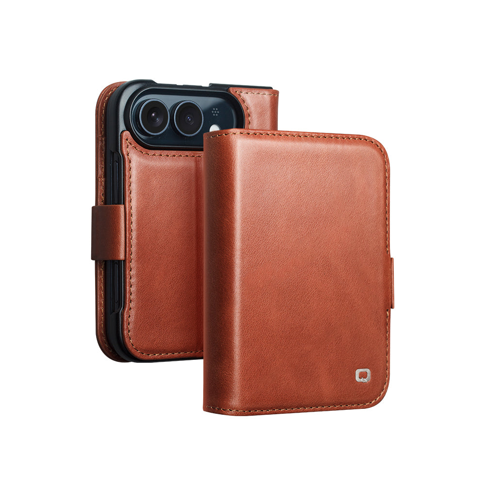 QIALINO Étui Portefeuille Magnétique Marron Clair en cuir pleine fleur pour iPhone Duo
