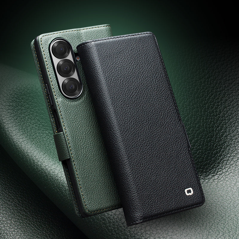 QIALINO Étui Portefeuille Magnétique Noir en cuir pleine fleur pour Samsung Galaxy Fold7