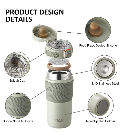 TKK Mug de Voyage isotherme 450ml, réutilisable en acier inoxydable
