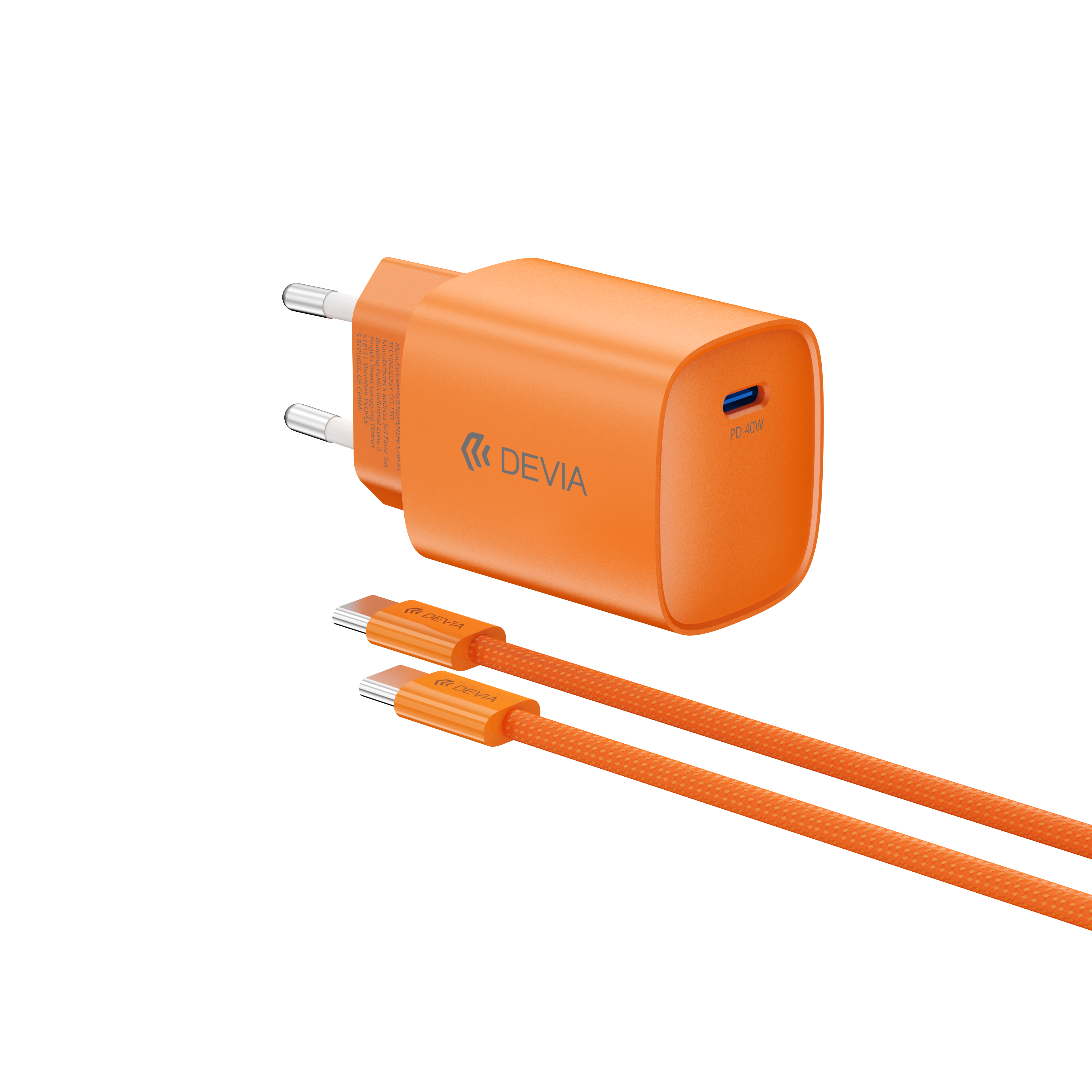 Devia Ultra 6 Chargeur GaN Dynamique PD 40W avec Câble USB-C vers USB-C, EU Max 60W Orange