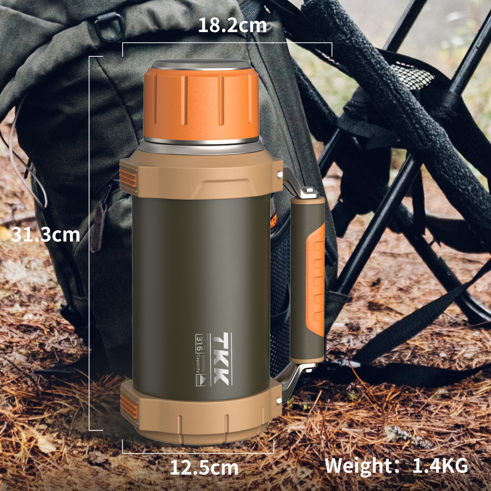 TKK Thermos Premium 2000ml, isotherme en acier inoxydable avec poignée et tasse