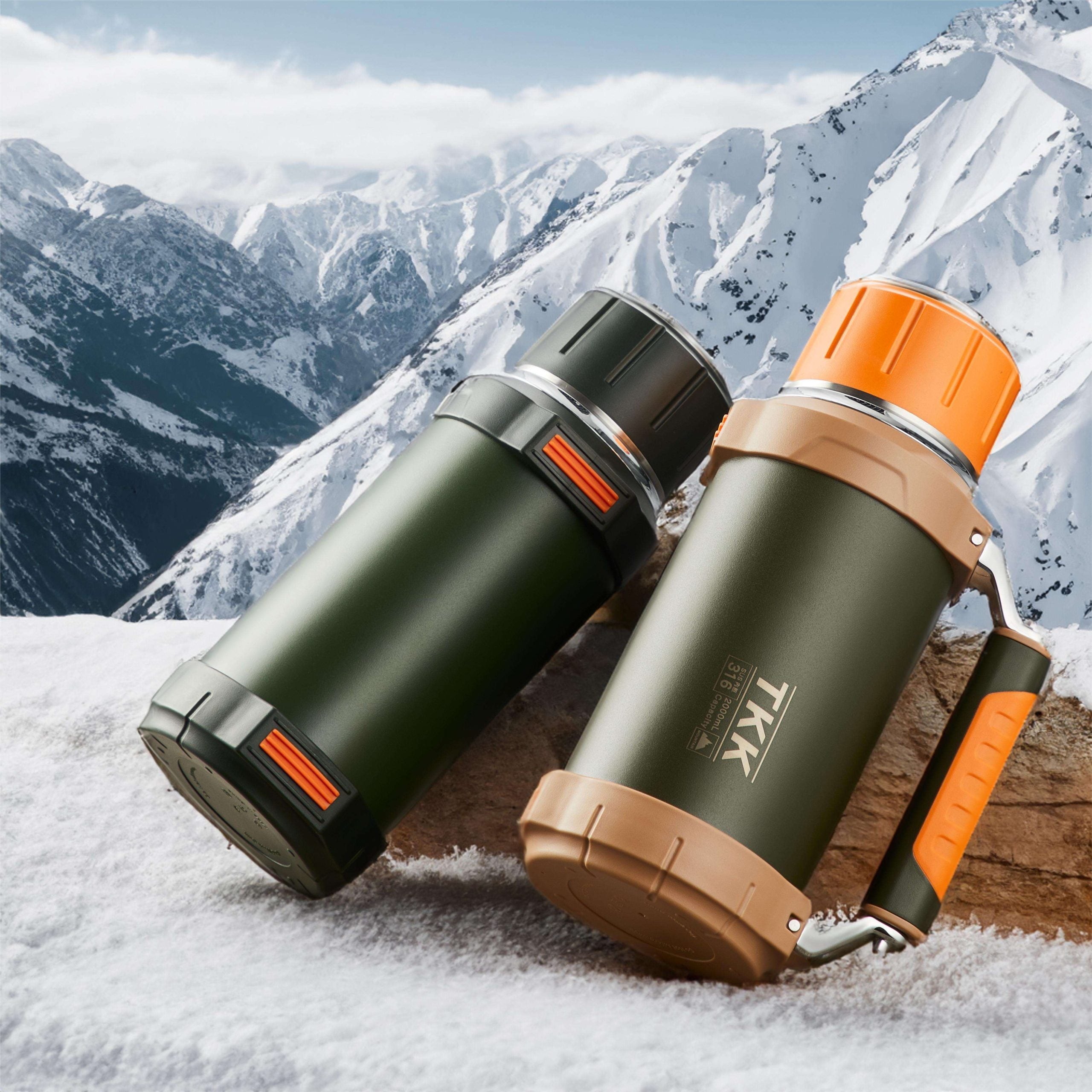 TKK Thermos Premium 2000ml, isotherme en acier inoxydable avec poignée et tasse