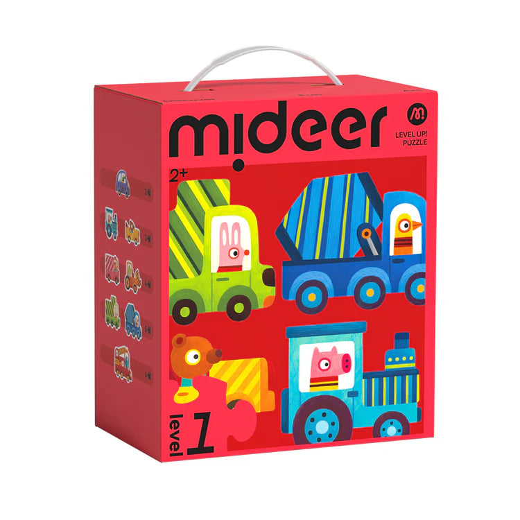 Mideer Puzzles Level Up! avec sac de rangement Niveau 1 : Animaux et véhicules, 2 à 6 pièces