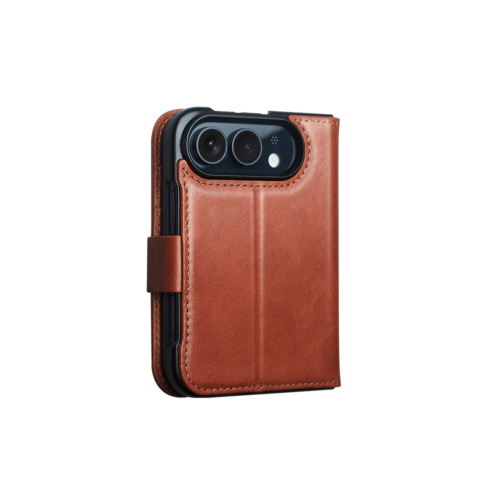 QIALINO Étui Portefeuille Magnétique Marron Clair en cuir pleine fleur pour iPhone Duo