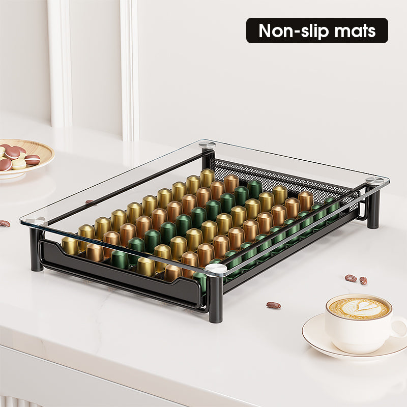 Porte Capsules Café avec Tiroir en Verre Trempé pour Nespresso OriginalLine: Capacité 60 Capsules