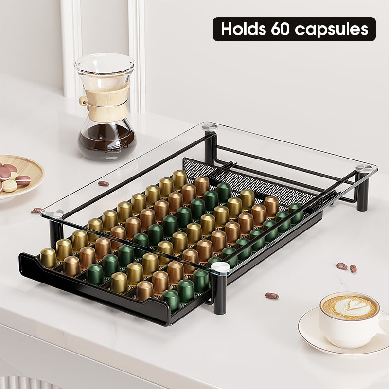 Porte Capsules Café avec Tiroir en Verre Trempé pour Nespresso OriginalLine: Capacité 60 Capsules