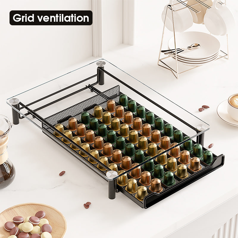 Porte Capsules Café avec Tiroir en Verre Trempé pour Nespresso OriginalLine: Capacité 60 Capsules