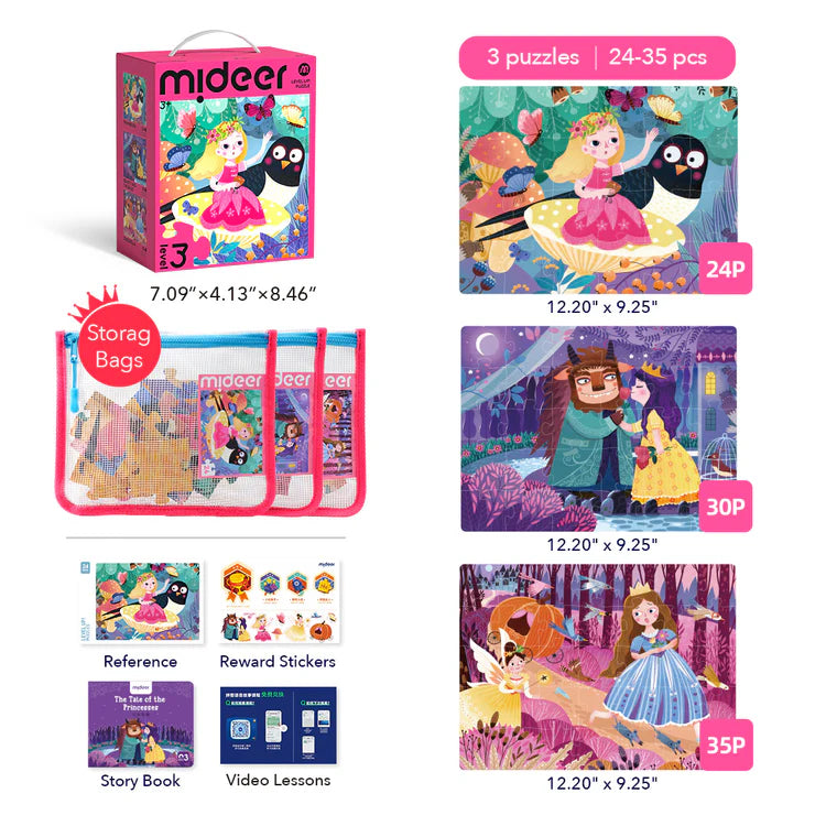 Mideer Puzzles Level Up! avec sac de rangement Niveau 3 : Princesses, 24 à 35 pièces