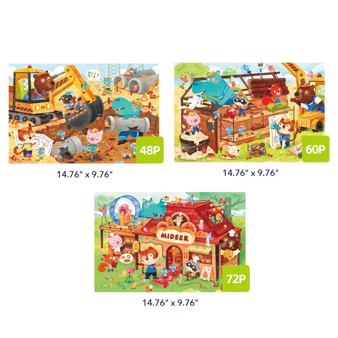 Mideer Puzzles Level Up! avec sac de rangement Niveau 4 : Chantier en action, 48 à 72 pièces