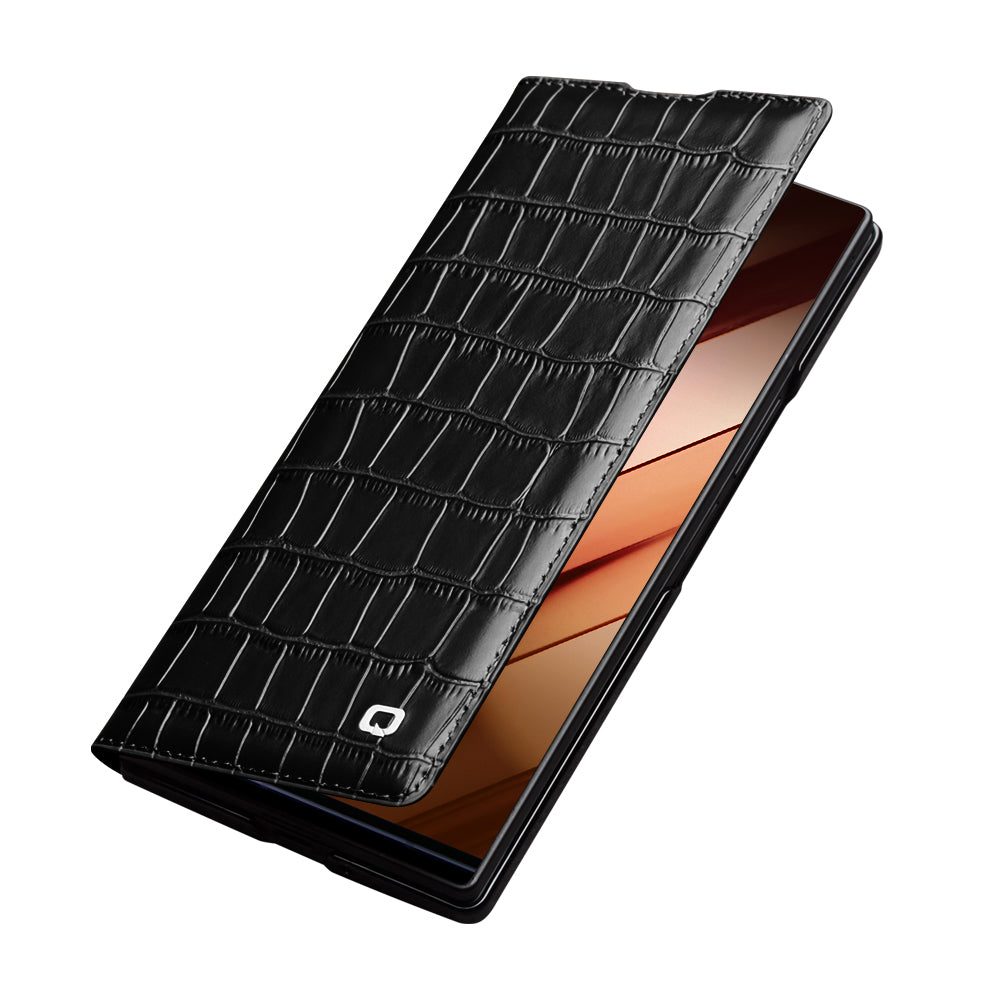 QIALINO Étui Premium Noir, en cuir véritable fait main, finition grain Alligator, pour Samsung Galaxy Z Fold7