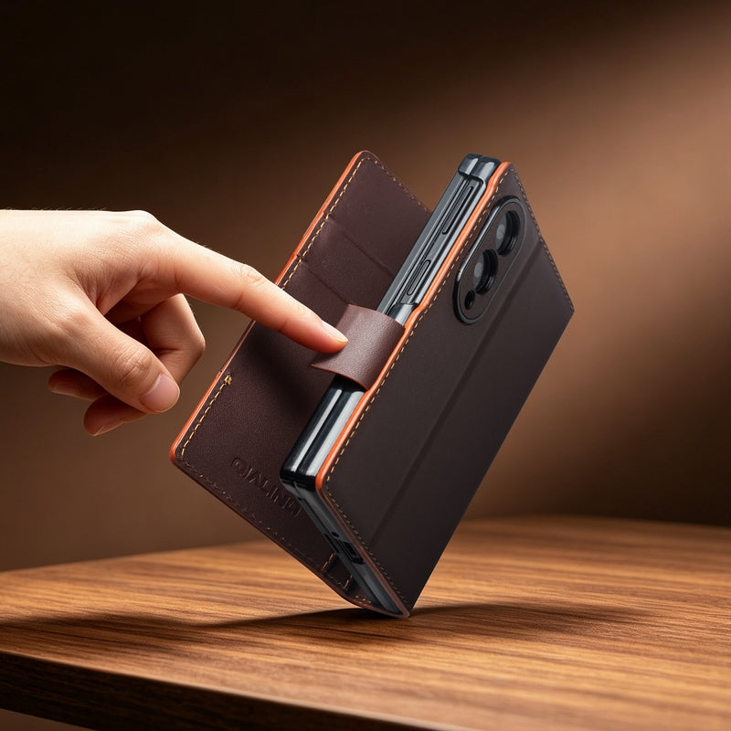 QIALINO Étui Portefeuille Magnétique Marron Foncé en cuir pleine fleur pour Samsung Galaxy Fold8
