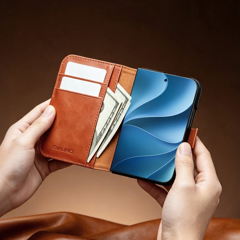 QIALINO Étui Portefeuille Magnétique Marron Clair en cuir pleine fleur pour iPhone Duo