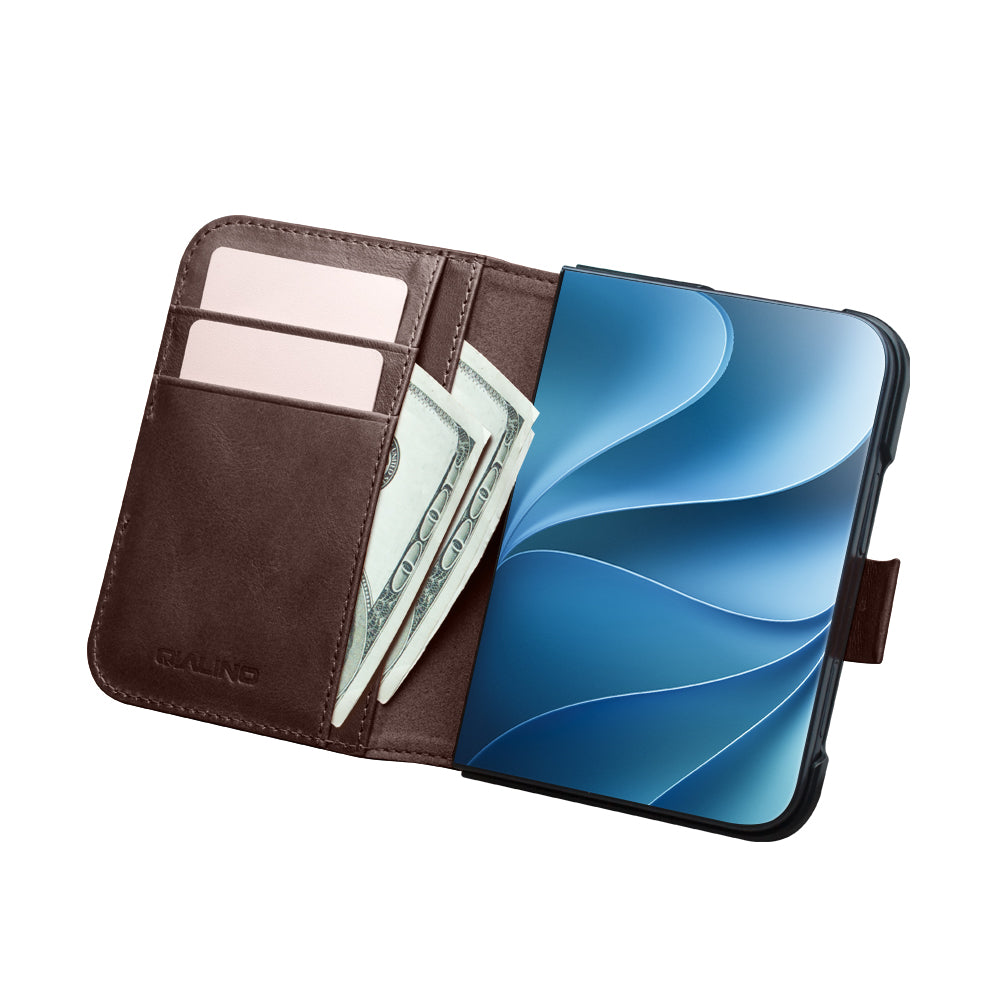 QIALINO Étui Portefeuille Magnétique Marron Foncé en cuir pleine fleur pour iPhone Duo