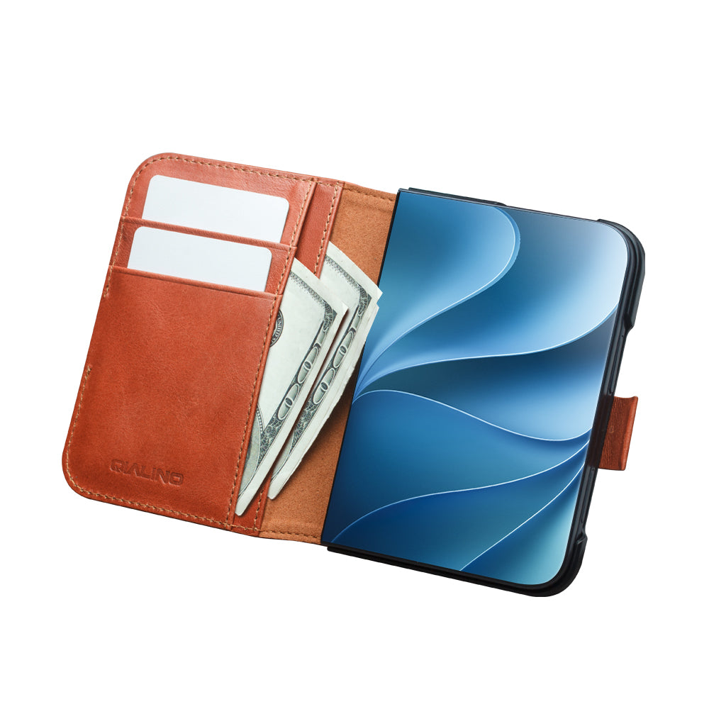 QIALINO Étui Portefeuille Magnétique Marron Clair en cuir pleine fleur pour iPhone Duo
