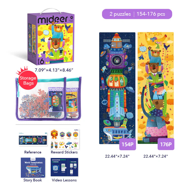 Mideer Puzzles Level Up! avec sac de rangement Niveau 6 : Imagination du monde, 154 à 176 pièces