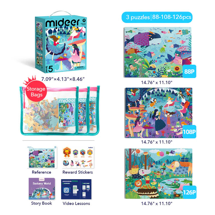 Mideer Puzzles Level Up! avec sac de rangement Niveau 5 : Fantaisie, 88 à 126 pièces
