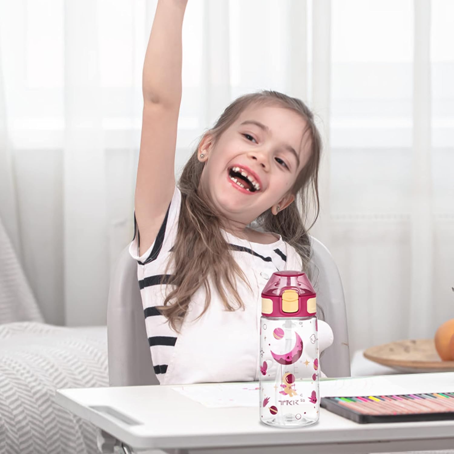 TKK Bouteille enfant 400ml, anti-fuite avec paille, Tritan sans BPA, ouverture à une main