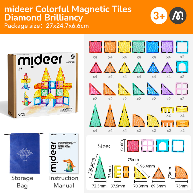 Mideer Tuiles magnétiques prismatiques, 90 pièces