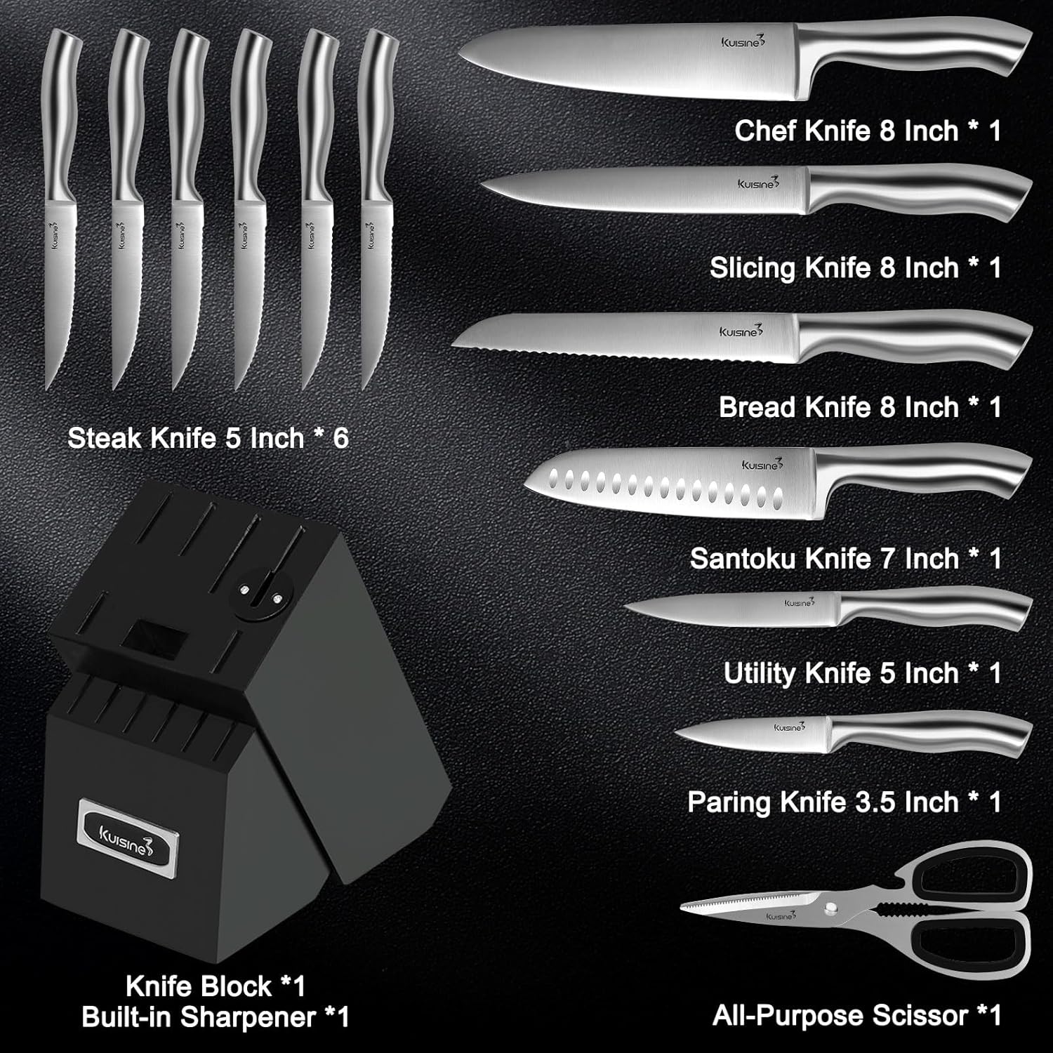 Kuisine Ensemble de Couteaux Premium, 15 Pièces Argent, Acier Inoxydable et Ultra Tranchants