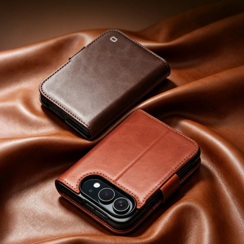 QIALINO Étui Portefeuille Magnétique Marron Clair en cuir pleine fleur pour iPhone Duo