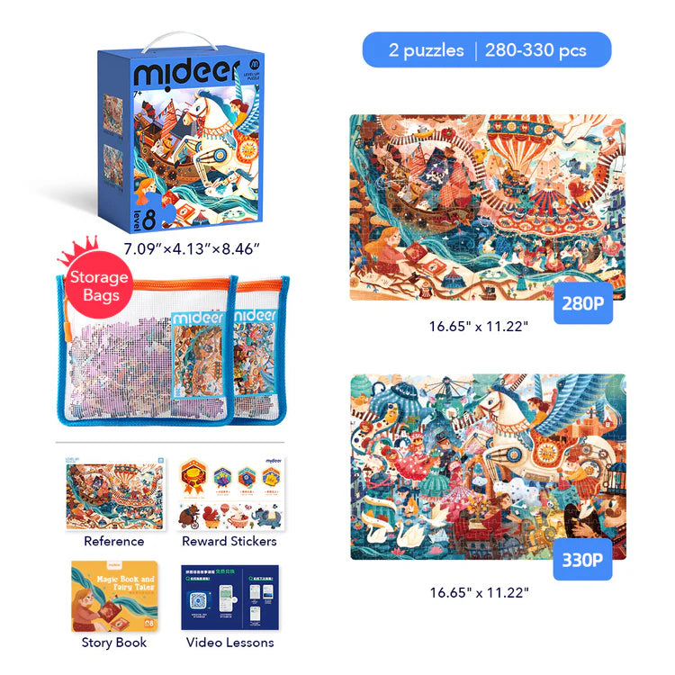 Mideer Puzzles Level Up! avec sac de rangement Niveau 8 : Livre magique et contes de fées, 280 à 330 pièces
