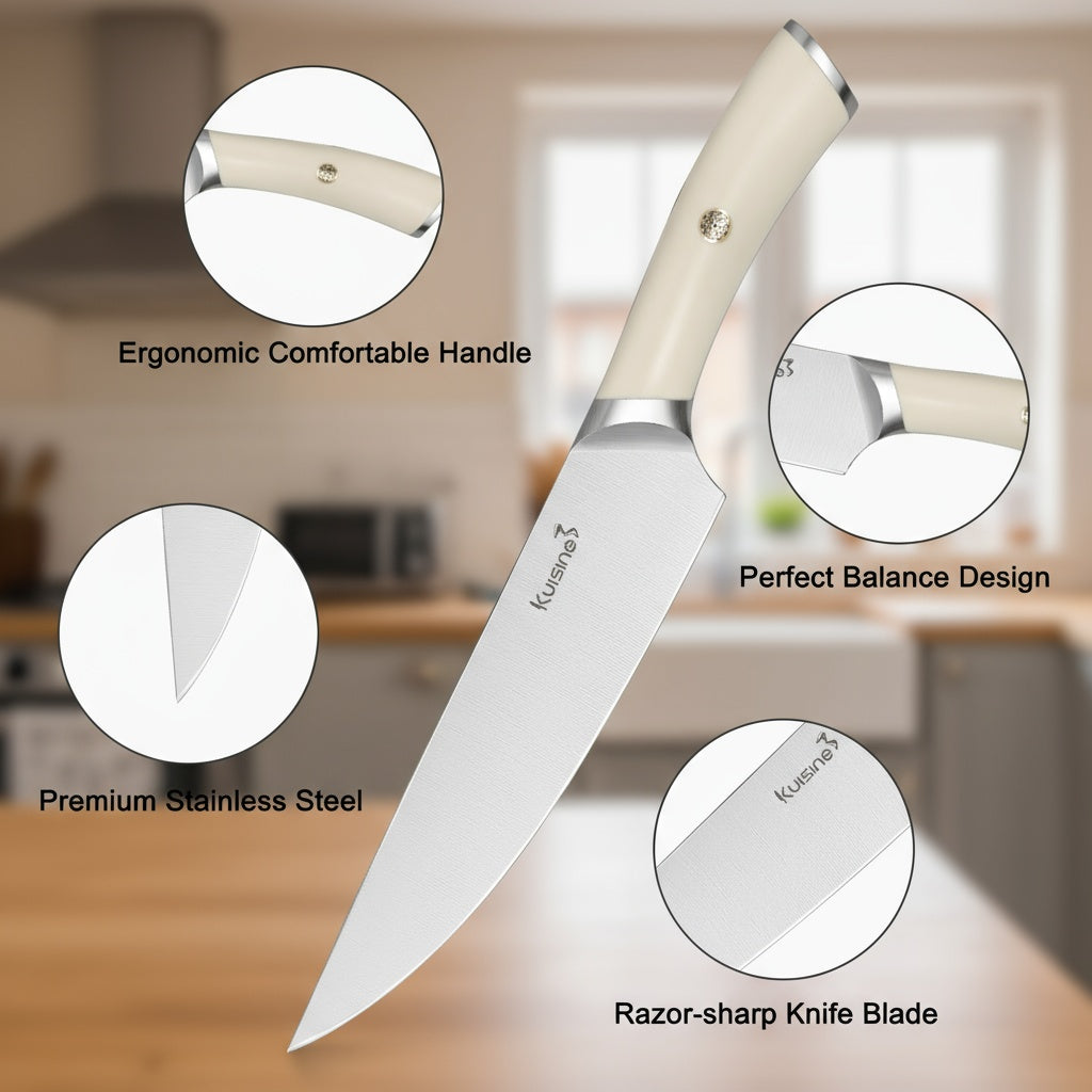 Kuisine Ensemble de Couteaux Premium, 15 Pièces Acacia ivoire, Acier Inoxydable et Ultra Tranchants