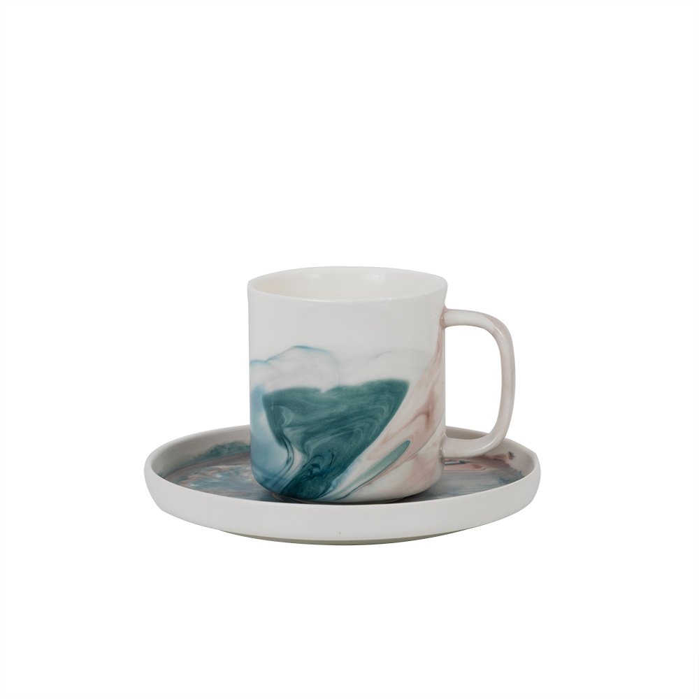Service Café Marbré Vert en Céramique, 6 Tasses avec Soucoupes