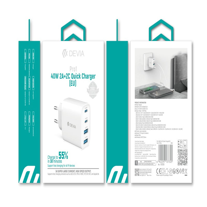 Devia Pro1 Adaptateur chargeur rapide 40W, 2 USB-A + 2 Type-C, prise EU