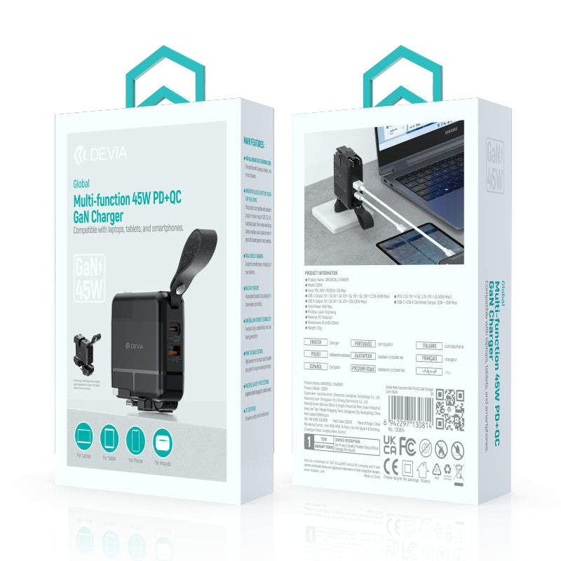 Devia Chargeur GaN multifonction Global 45W PD + QC