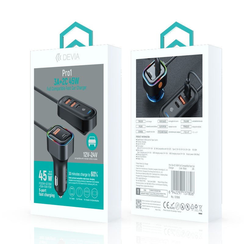 Devia Pro1 Chargeur voiture rapide 45W, 3 USB-A + 2 Type-C, compatibilité étendue
