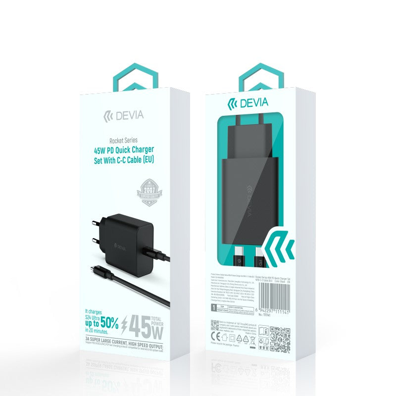 Devia Rocket Series Chargeur rapide 45W PD, avec câble Type-C vers Type-C, prise EU