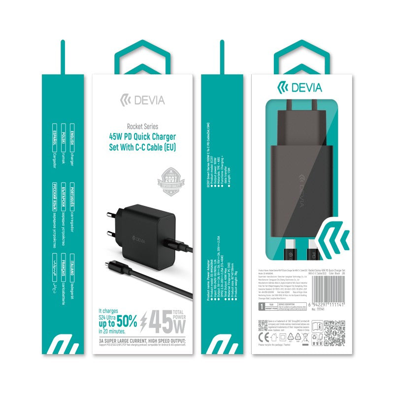 Devia Rocket Series Chargeur rapide 45W PD, avec câble Type-C vers Type-C, prise EU