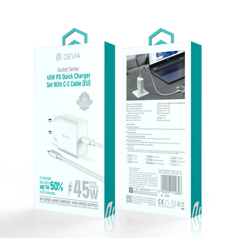 Devia Rocket Series Chargeur rapide 45W PD, avec câble Type-C vers Type-C, prise EU