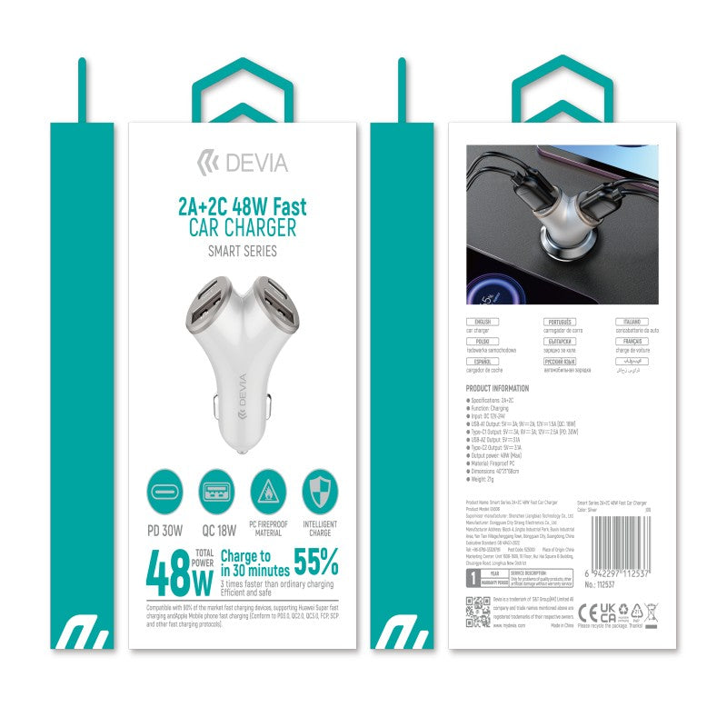 Devia Smart Series Chargeur voiture rapide 48W, 2 USB-A + 2 Type-C