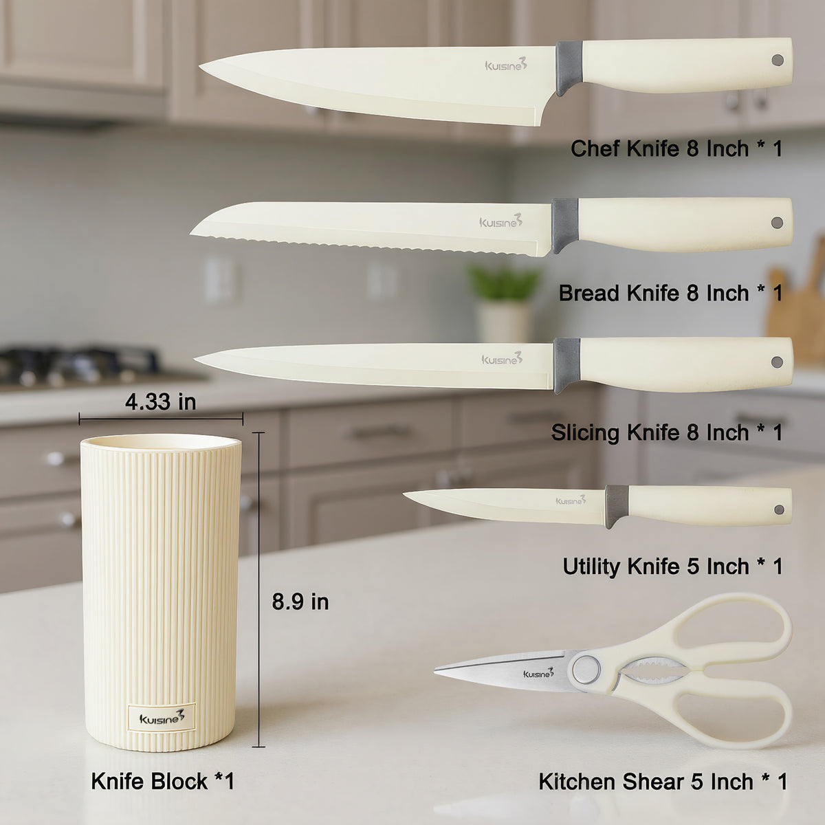 Kuisine Ensemble de Couteaux Premium 6 Pièces Beige, Acier Inoxydable et Ultra Tranchants