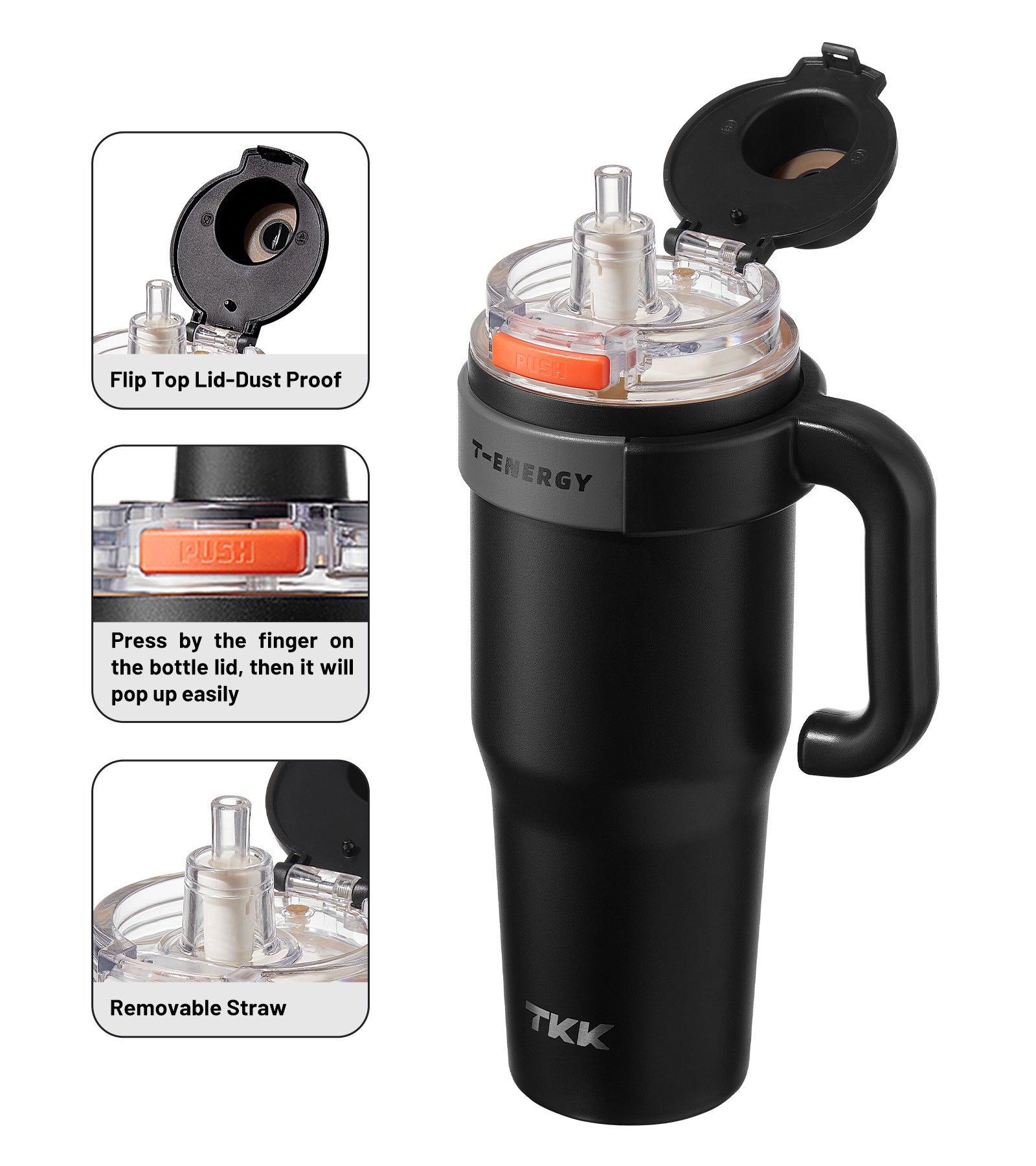 TKK Tumbler isotherme avec poignée, Revêtement intérieur céramique, double paroi avec paille et couvercle