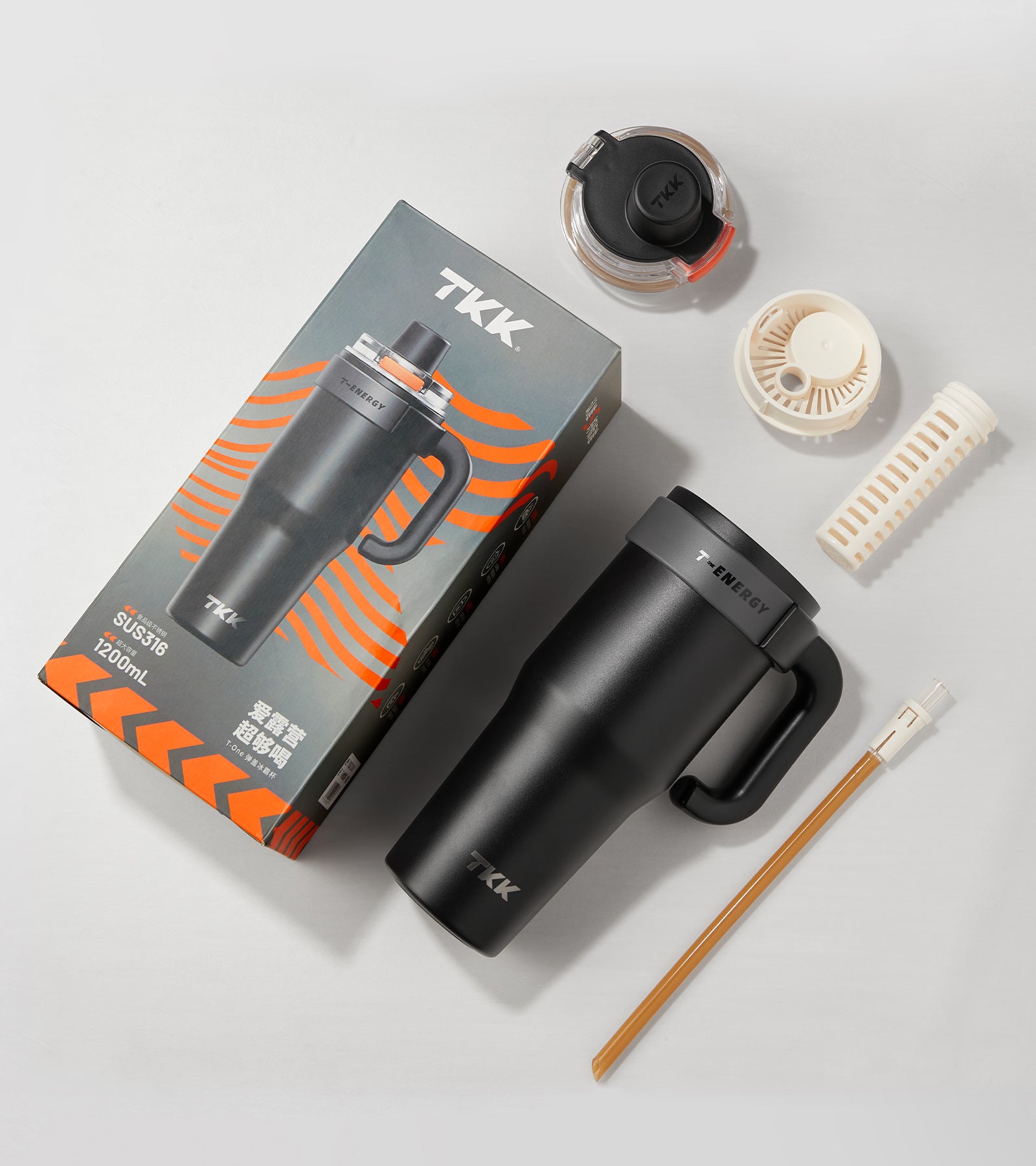 TKK Tumbler isotherme avec poignée, Revêtement intérieur céramique, double paroi avec paille et couvercle