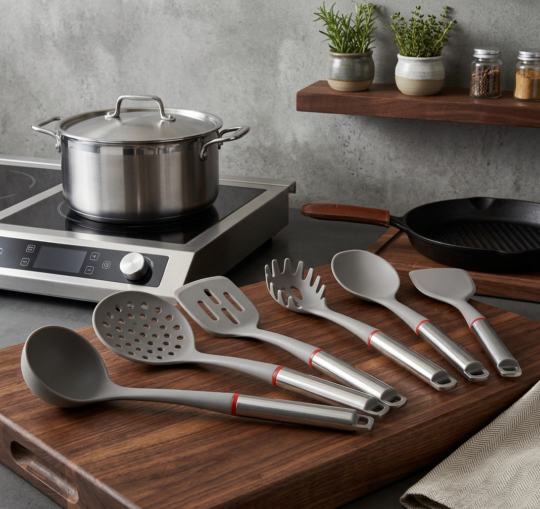 Set d’Ustensiles de Cuisine 6 Pièces en Silicone, Outils de Cuisson Antiadhésifs avec Manches en Acier Inoxydable