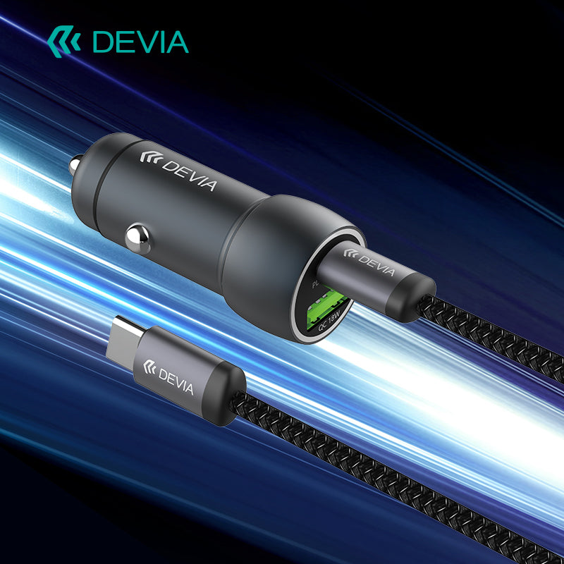 Devia Extreme Speed Series Chargeur voiture rapide PD 30W + QC 3.0 18W, en métal, avec câble Type-C vers Type-C