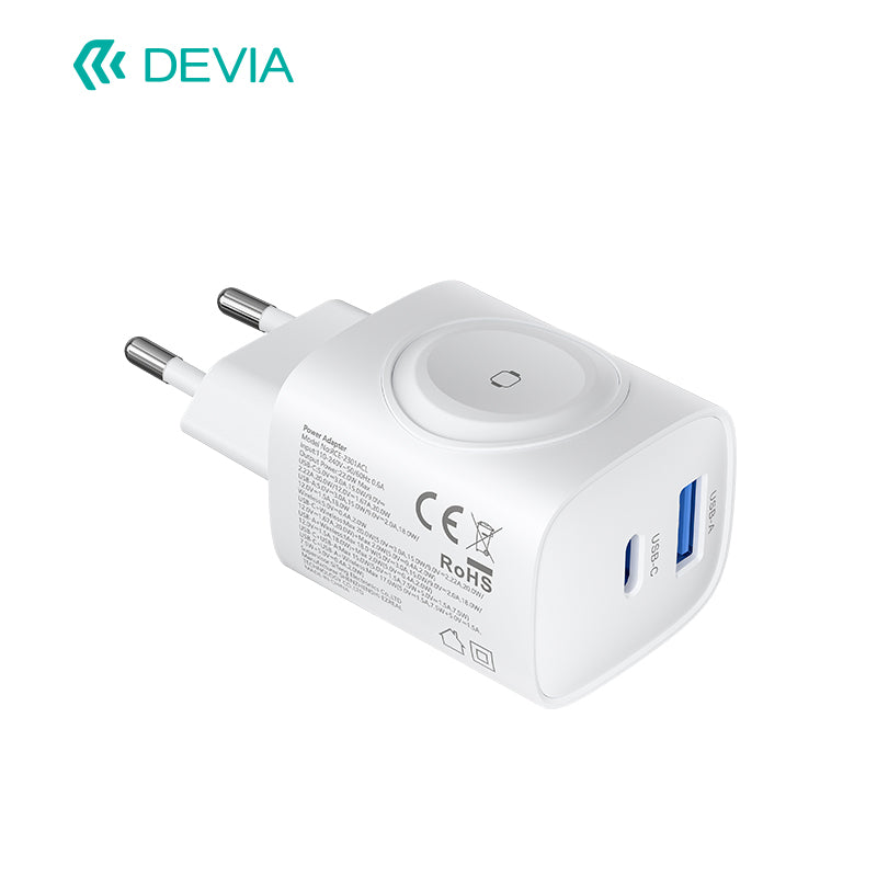 Devia Ultra1 Adaptateur chargeur GaN 22W PD + QC avec chargeur sans fil pour montre 2-en-1, prise EU