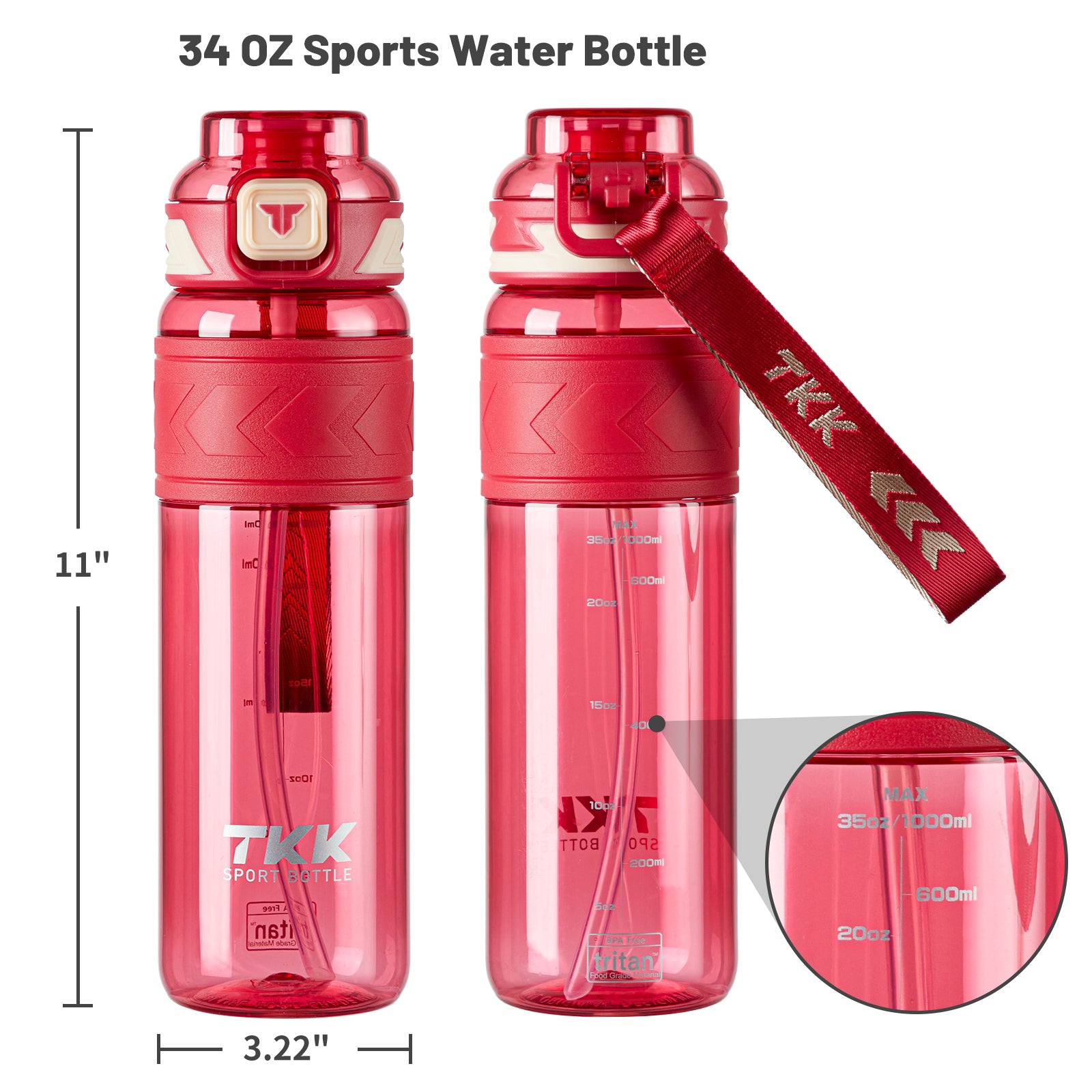 TKK Bouteille de Sport en Tritan 1000ml, paille amovible, couvercle anti-fuite, sans BPA