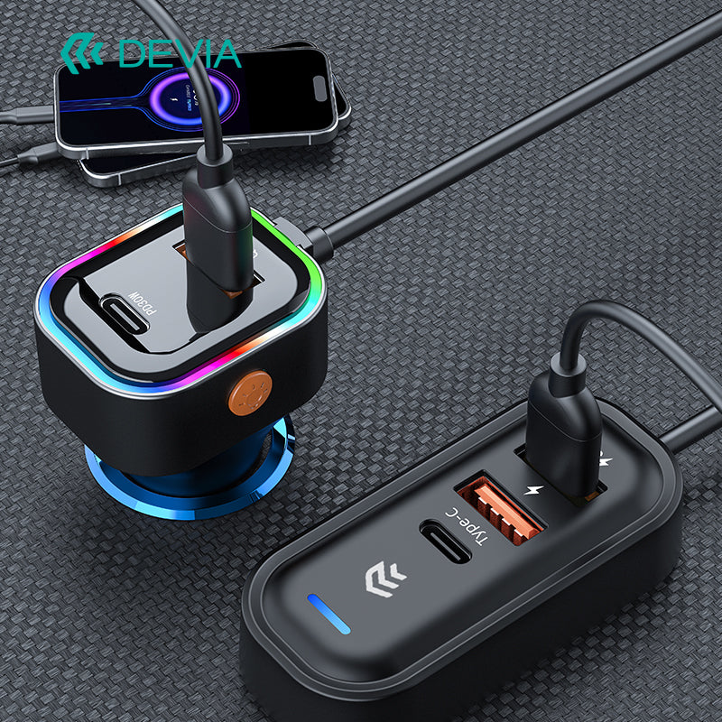 Devia Pro1 Chargeur voiture rapide 45W, 3 USB-A + 2 Type-C, compatibilité étendue